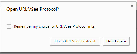 Open URL:VSee Protocol? window, checkbox for "Remember my choice" and button for "Open URL: VSee Protocol"