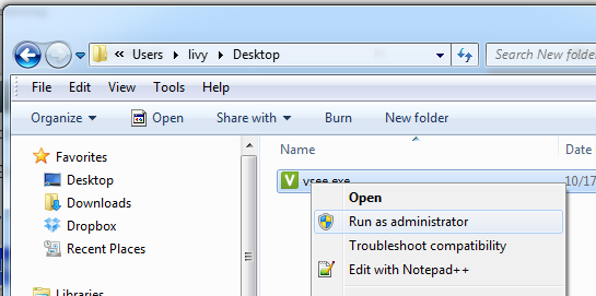 Screencap showing Run as admin option