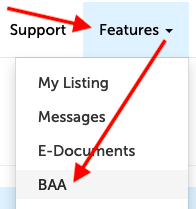 Arrow pointing at the Features tab in the main navigation, and then to "BAA" in the dropdown