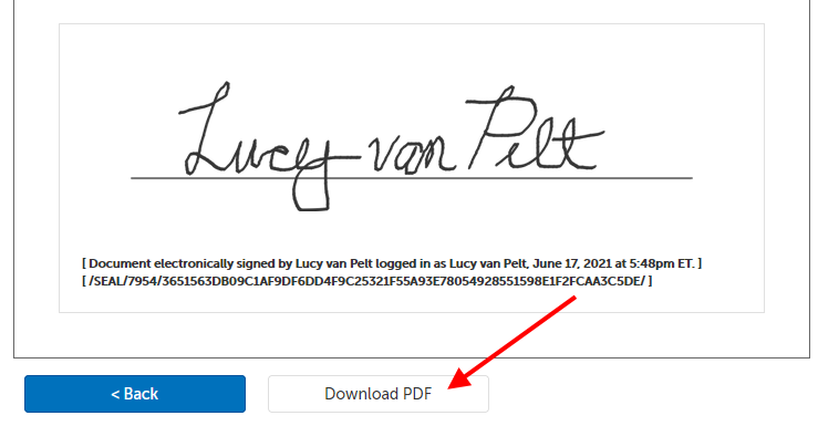 Two buttons: "Back", and "Download PDF"