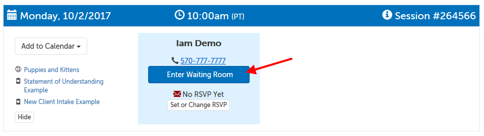 Enter Waiting Room button under scheduler's name