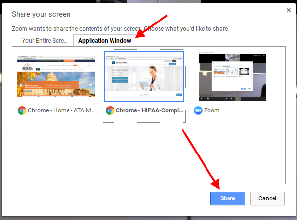 Arrow pointing to 'Application Window' tab, and then 'Share' button