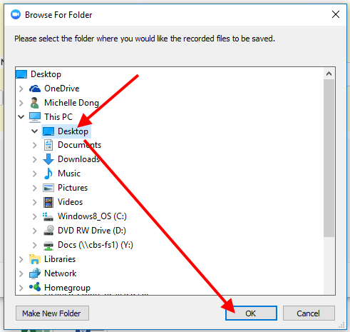 Selecting the folder to save the recording to
