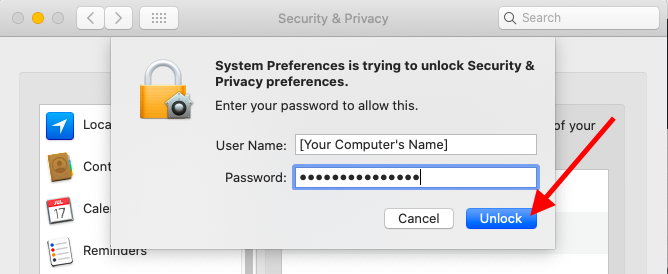 System Preferences is trying to unlock Security & Privacy preferences. Enter your password to allow this.