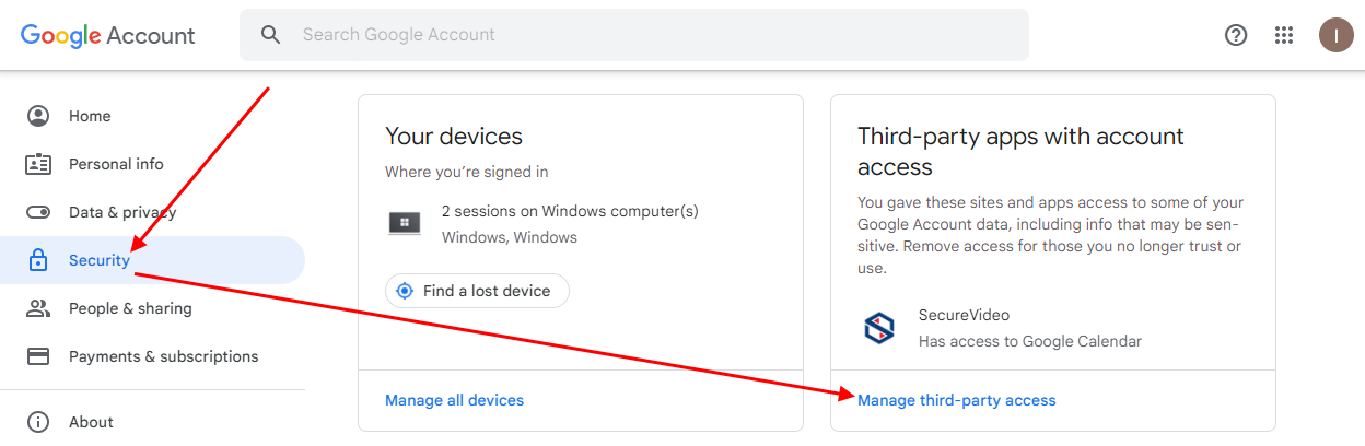 Arrow pointing at Security option and then "Manage third-party access" link