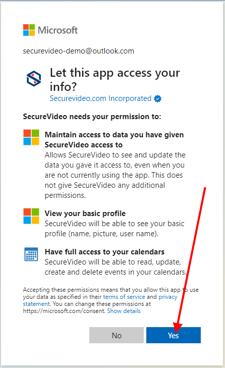 List of permissions for calendar integration, and arrow pointing at "Yes" button